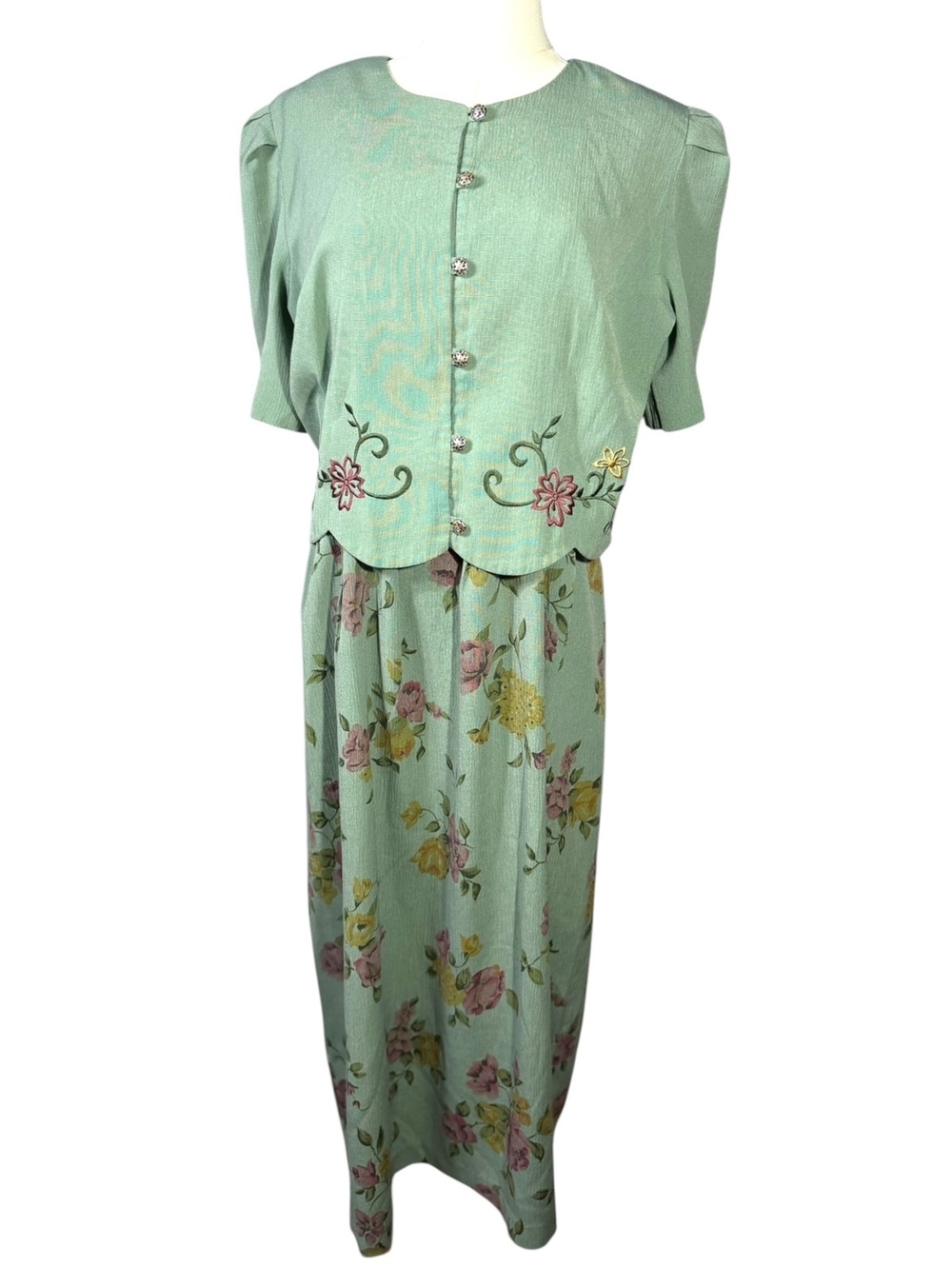 Vintage 90s Miss Dorby Dress Floral Sage Green Cottagecore (Q06)